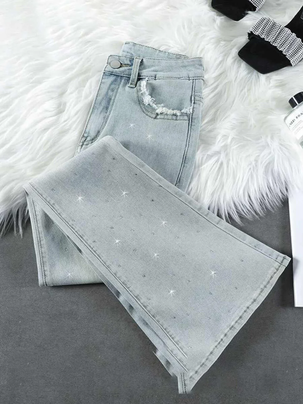 Glitter Rivet Denim Pants for Women Spring Summer 2025 New Trendy High Waist Flared Jeans Slim Washed Light Blue Jeans