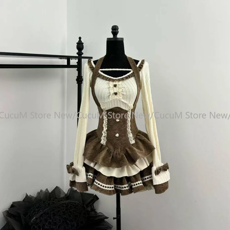 Autumn Winter Sweet Japanese Bow 2 Piece Set Women Long Sleeve Kawaii Slim Tops + High Waist Lace Y2k Mini Dress Lolita Suit