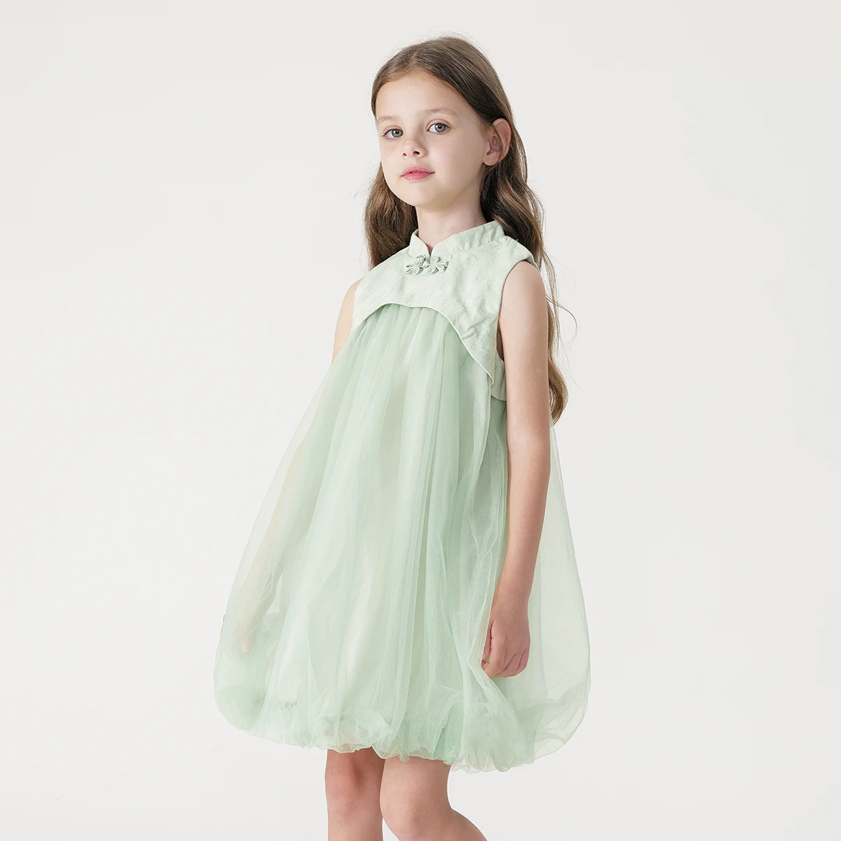 

MARC&JANIE Girls New Chinese-style Qipao Collar Tulle Bubble Dress Summer New Style for Summer French Series 240859