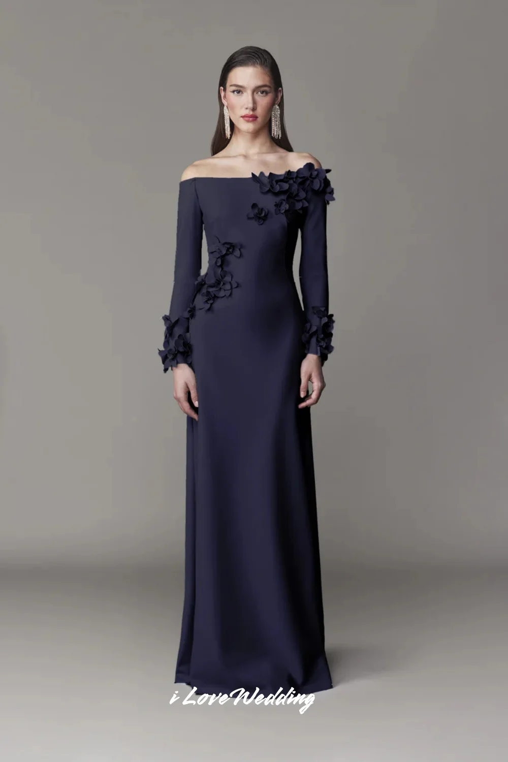 

Women Off the Shoulder Evening Dress 2025 Satin Long Sleeve Flowers Mermaid Elegant Floor-Length Wedding Party Dress Customized