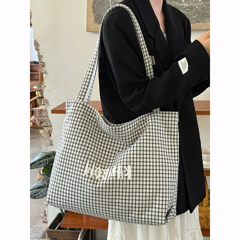 

Plaid Canvas Tote Bag, Korean Style Large Capacity Single - Shoulder, Casual Fashion for Commute & Daily Use, Trendy Handbag