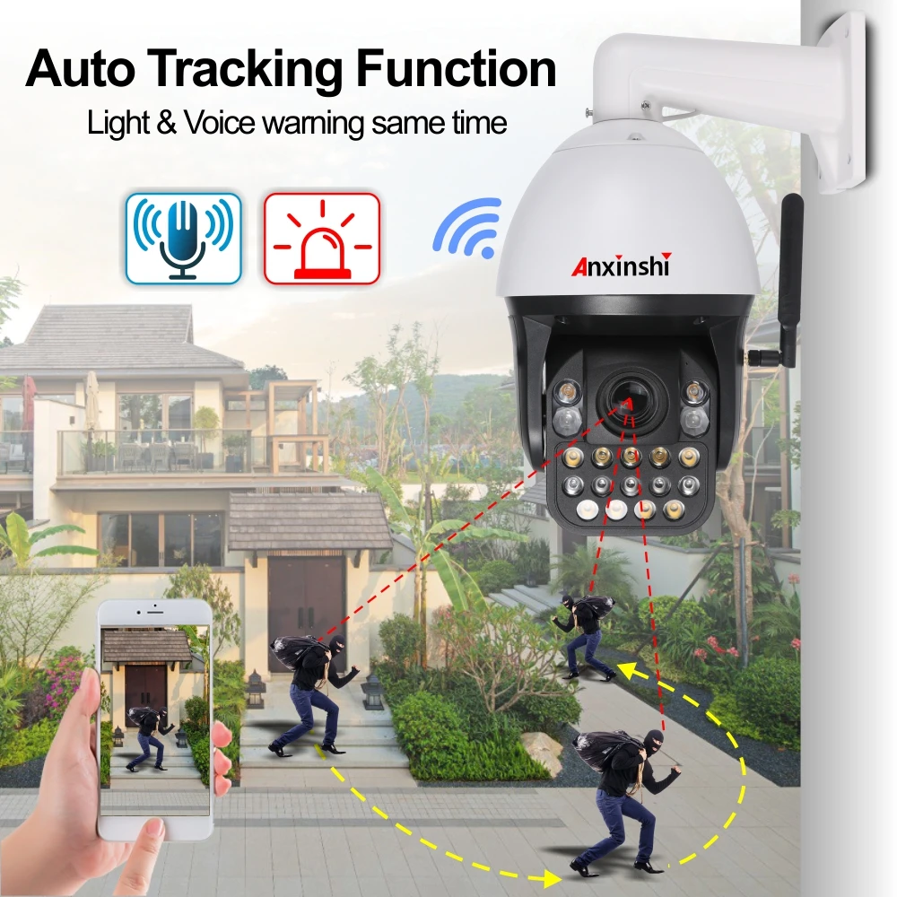 Anxinshi Factory  Price 4K Auto Human tracking  light and  Voice Warning  same time Wifi PTZ Camera