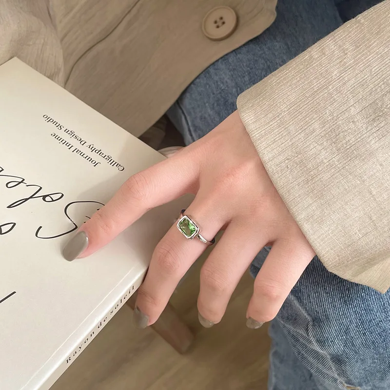 925 Sterling Silve Green Crystal Geometry Ring Square Retro Sweet Jewelry Birthday Gift Dropshipping