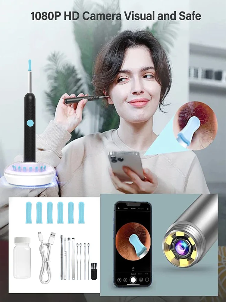 

Умная визуальная ушная трубка, водонепроницаемая камера, эндоскоп, подключение через приложение, отсек для зарядки и хранения Android/iOS