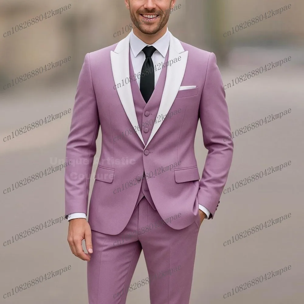 

White Collar And Lavender Formal Men Suit Groom Groomsman Wedding Party Prom Business Male Tuxedos 3 Piece Set Blazer Vest Pants