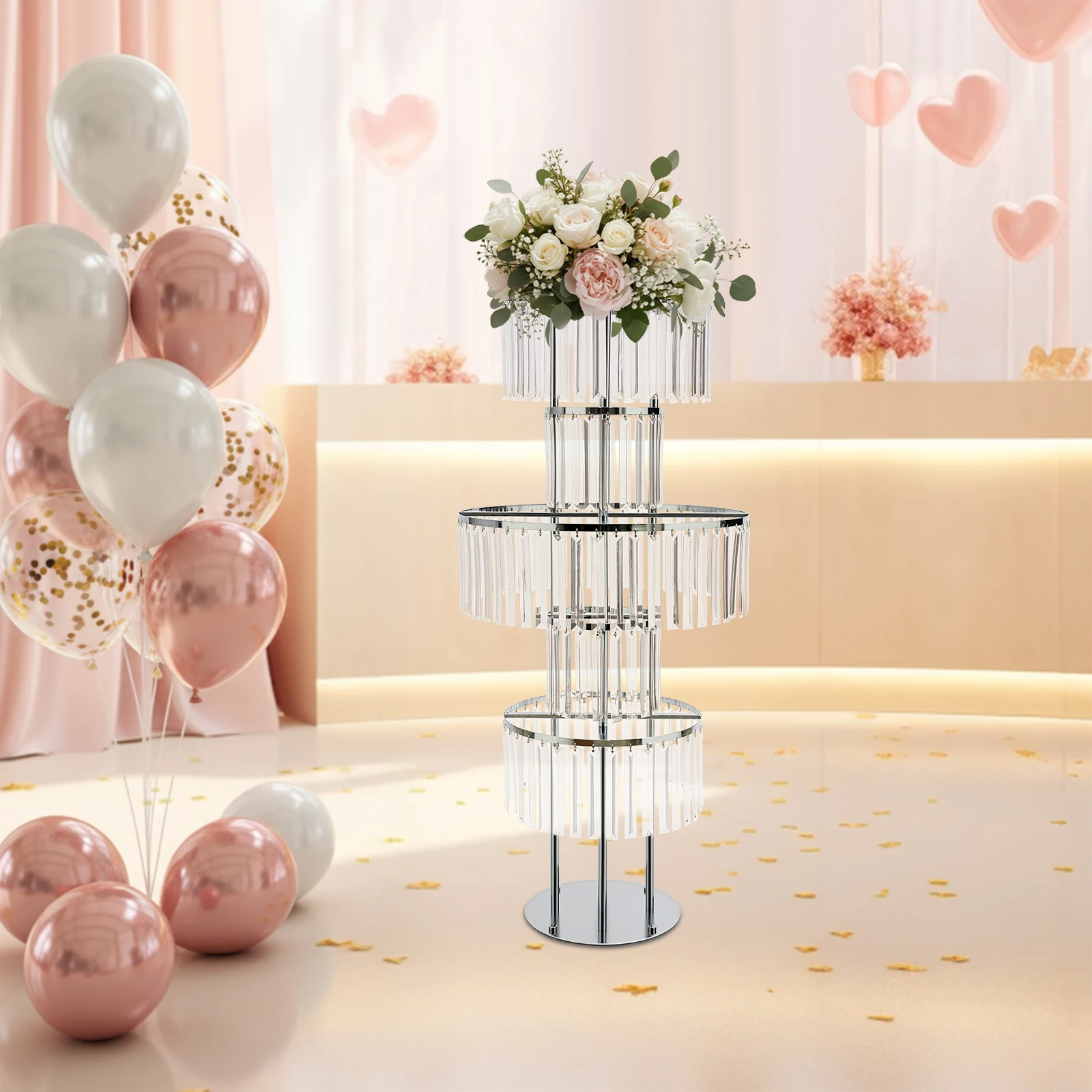 Flower Stand, 5‑Tier Silver Acrylic Crystal Flower Stand, 5-tier Flower Stand, Elegant Flowers Stand for Party Weddings
