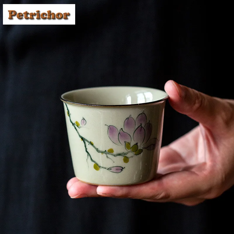120ml Hand Drawn Magnolia Flower Plant Ash Teacup Zen Tea Bowl Cup For Tea Tea-tasting Smelling Cup Jianzhan Master Cups Cha
