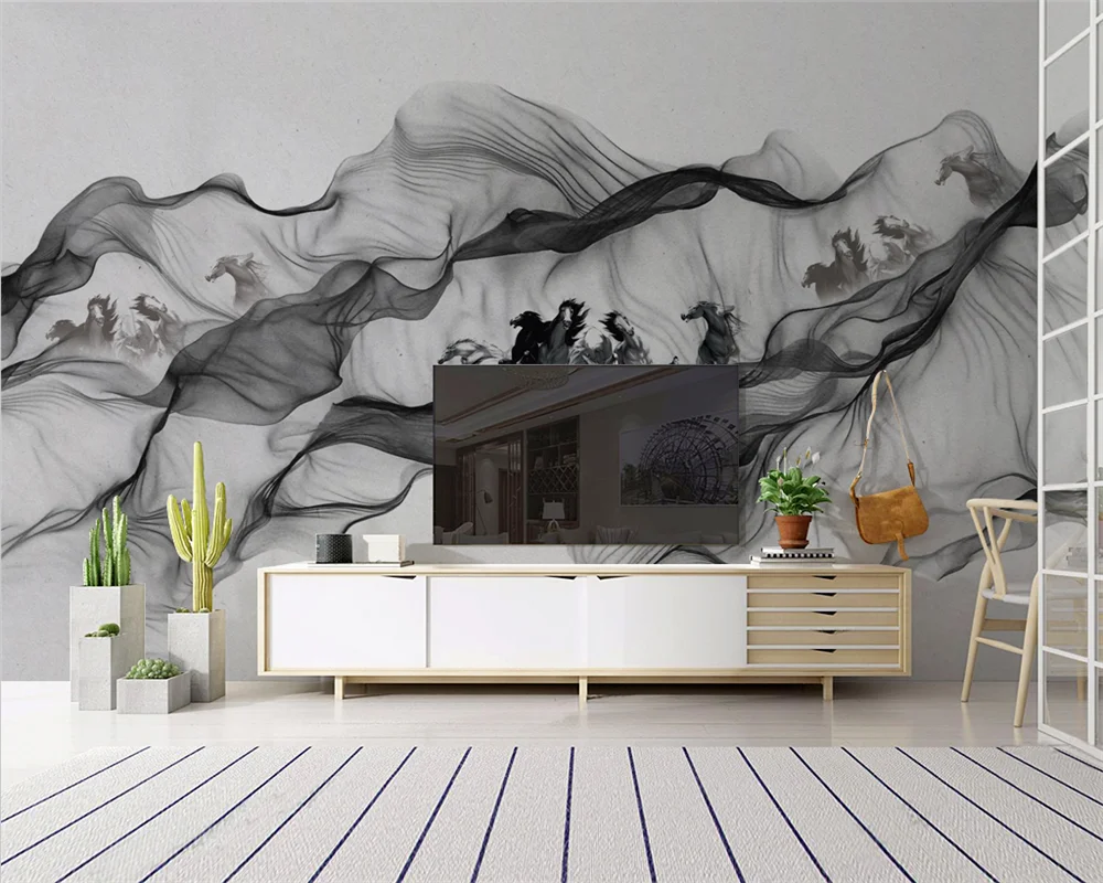 

beibehang Custom Modern New papel de parede Chinese Ink Painting Smoke Horse Figure Interior Background Wallpaper papier peint