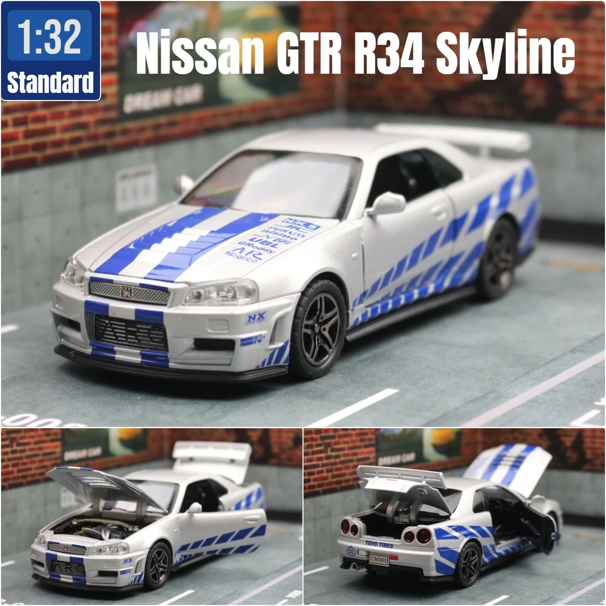 1/32 Nissan Skyline GTR R34 JDM Spielzeugauto Modell Druckgussfahrzeug Miniatur Sound & Licht Zurückziehen Sammlung Geschenk Kinder Junge