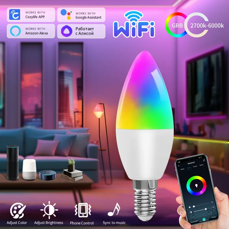 Smart WiFi LED Light Bulbs E14 Candel Light 5W 7W 9W 85-265V Dimmable RGB Lamp Cozylife APP Alexa Google Home Voice Control