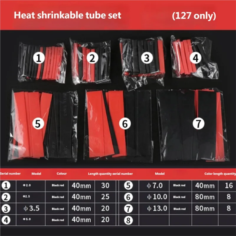 127PCS Black Red Heat Shrink Tubing 2:1 Assortment Polyolefin Tube Car Cable Sleeving Wrap Wire Kit
