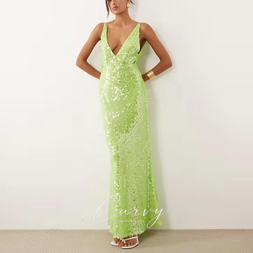 Curvy Elegant Deep V Evening Dresses for Women Spaghetti Straps Sequined Backless Mermaid Formal Party Gown Customized