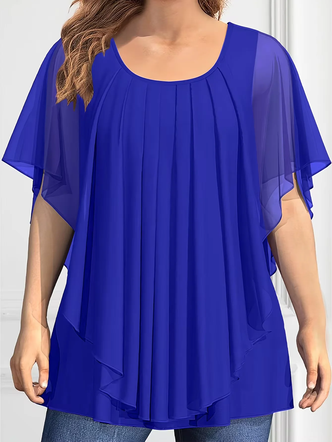 Women\'s Blouse Plus Size Casual Blue Chiffon Double Layer Flutter Sleeve Pleated Asymmetric Hem Blouse Summer Casual O-Neck Top