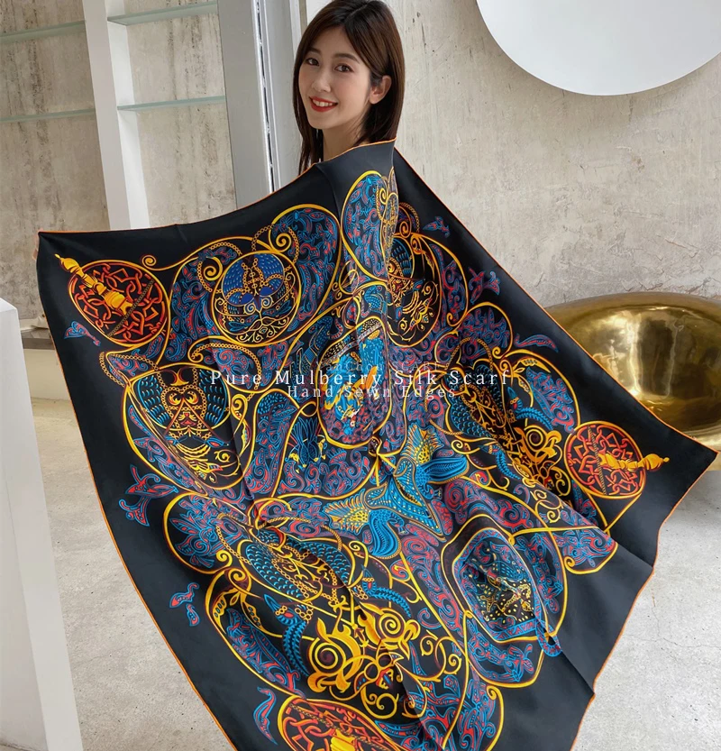 Luxury Retro Silk 100% Mulberry Scarf,110*110 Silk Square Scarf,Large Silk Scarf,Hand Rolled Hem Silk Scarf Shawls