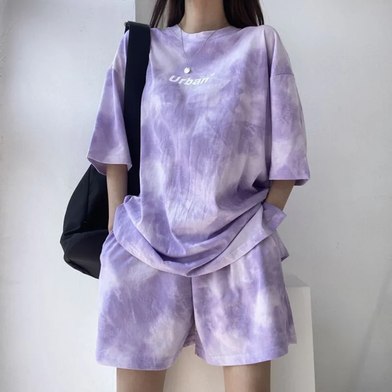 Damen T-Shirt-Shorts-Set, lässiges Tie-Dye-Oberteil und weit geschnittene Shorts mit Taschen, weiches Sommer-Shorts-Set für Damen