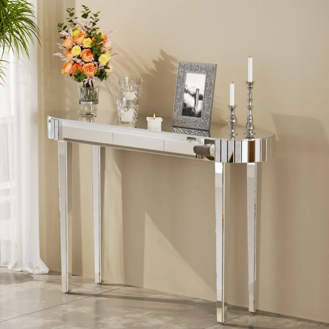 LUVODI High-end Mirrored Console Table Furniture Eye-catch Silver Glass Entryway Table with Arc Edge for Home Decpration