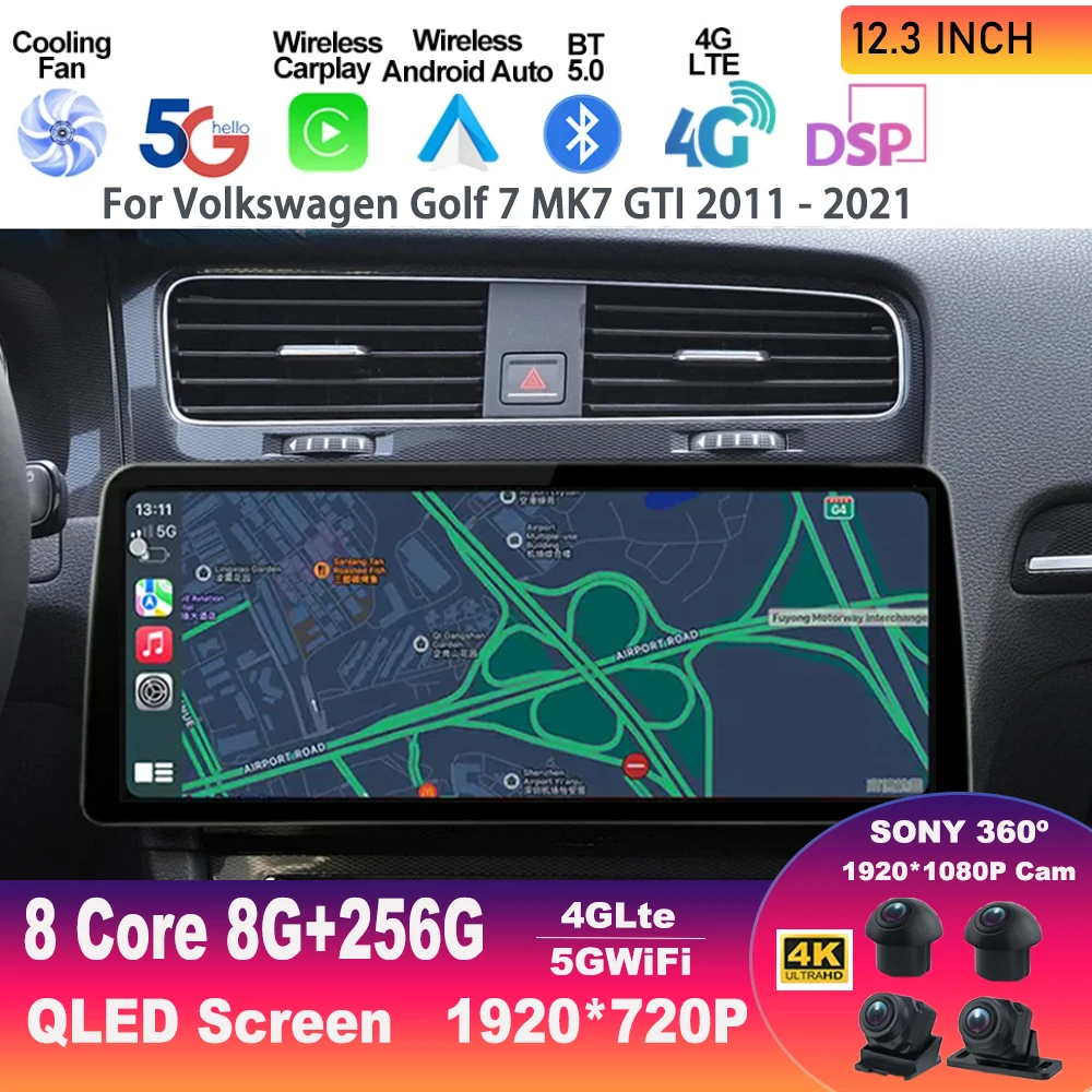 

12,3 дюймовый экран Android 13 для Volkswagen Golf 7 MK7 GTI 2011-2021, мультимедийный видеоплеер, автомобильное радио, GPS-навигация, проектор