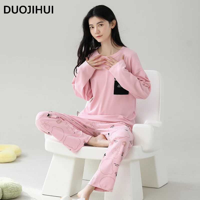 DUOJIHUI Sweet Pure Color Chic Pocket Women's Pajamas Set Fashion O-neck Pullover Basic Pant Loose Simple Print Female Sleepwear