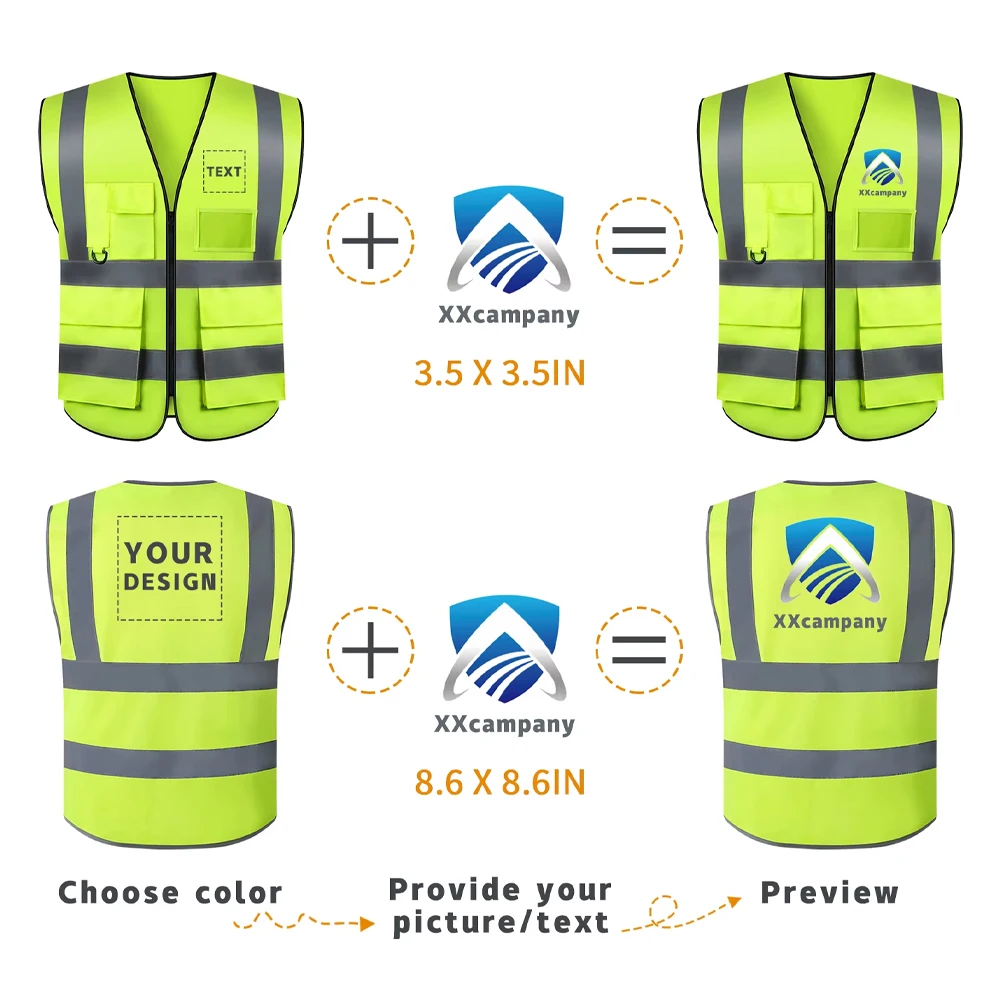 Custom LOGO Reflective Safety Vest with Pockets and Zipper High Visibility Security Protection Working Clothes Construction Vest