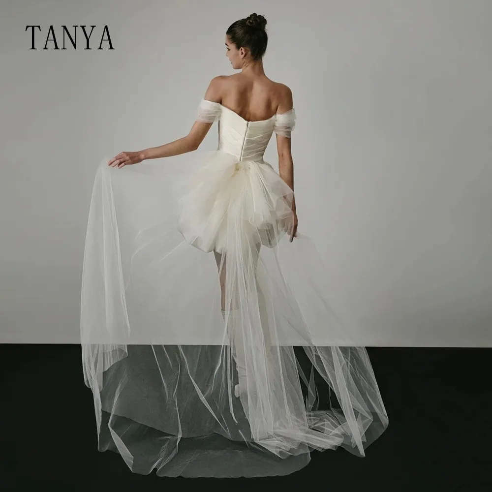 Off The Shoulder Short Wedding Dress With Detachable Tulle Bow Train Taffeta Boat Neck Knee Length Fashion Bridal Gown TSWD271