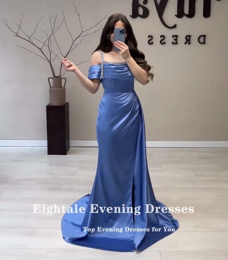 Eightale Dark Green Evening Dress for Wedding Party Beaded Satin Long Sleeves A-Line Arabic Mermaid Plus Size Formal Prom Gowns