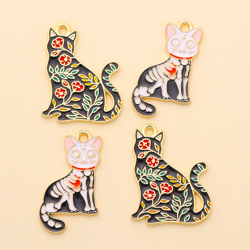 10Pcs Alloy Enamel Charms Cartoon Skull Cat Rabbit Pendant DIY Keychain Earrings Pendant Charms for Hallowmas Jewelry Making