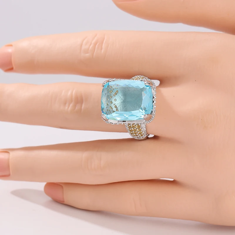 Women's Fashion Charm Glazed Blue Synthetic Zirconia Two Tone Promise Ring Luxury Temperament Banquet Festival Jewelry Accessory