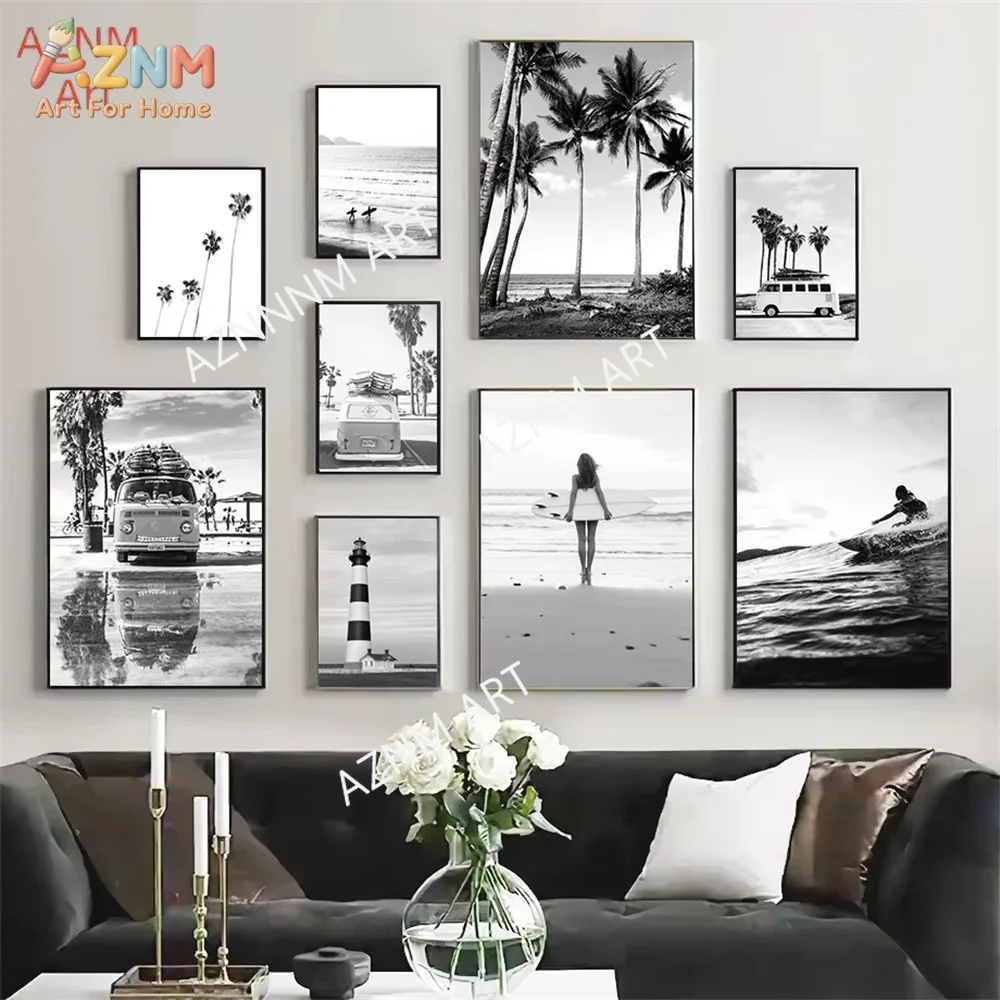 AZNM Black White Beach Surfing Canvas Wall Art Palm Tree Vintage Camper Van Lighthouse Ocean Scenery Minimalist Coastal Landscap