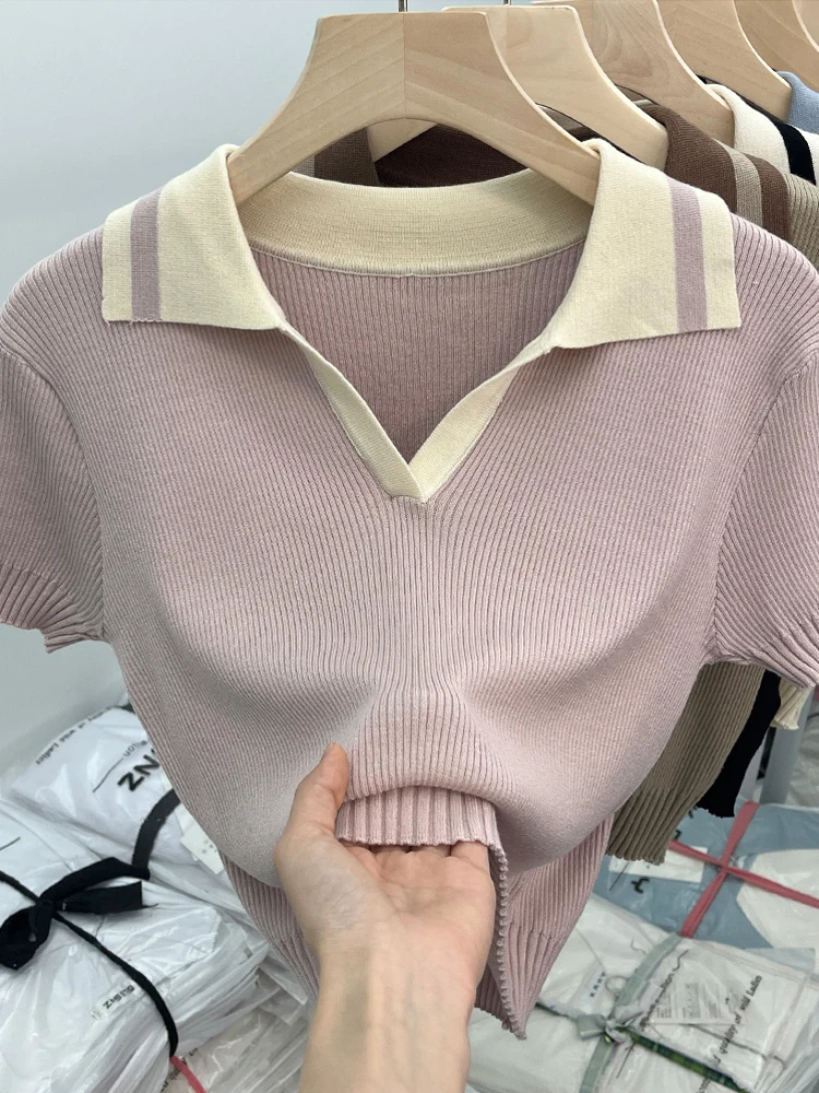 Women Color Contrast Casual Knitted Crop Top Summer Temperament Lape Short Sleeve Slimming Verstatile Fashion Versatile T-Shirt