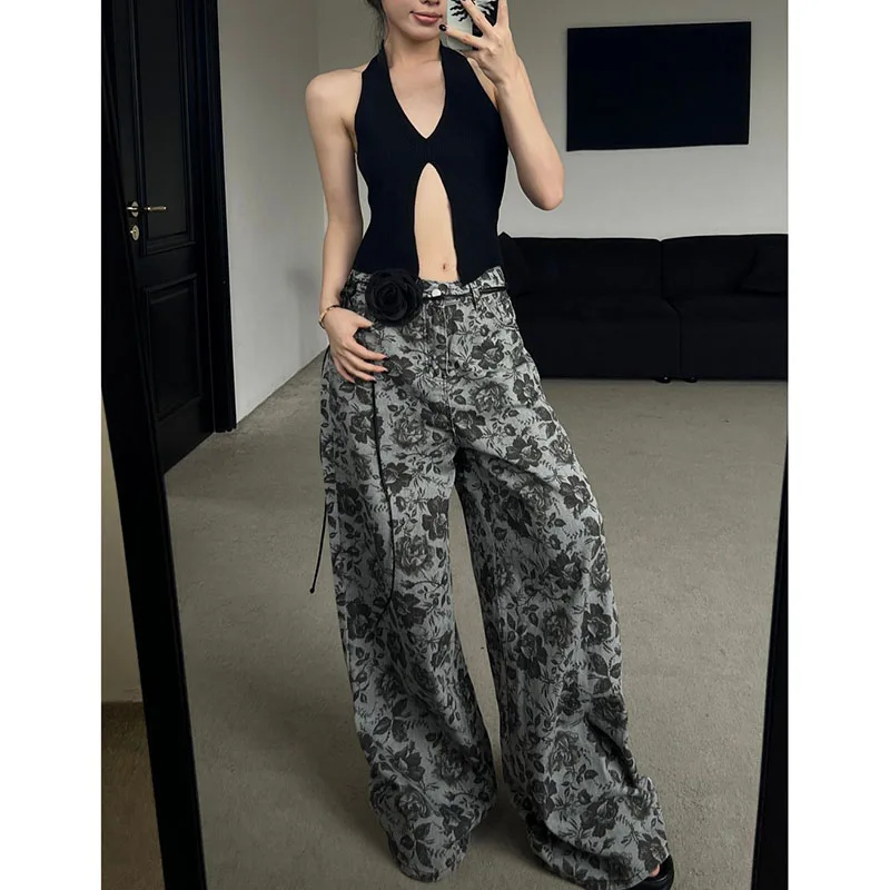 Retro Wide-leg Black Rose  Design Jeans Women's New Street Style Summer Loose Versatile Casual Comfortable Pants Mopping Floor