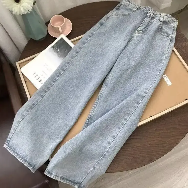 Summer plus Size Dad Jeans Women's High Waist Wide Leg Long Pants Straight Cut Loose Slimming Korean Sle Denim Trousers