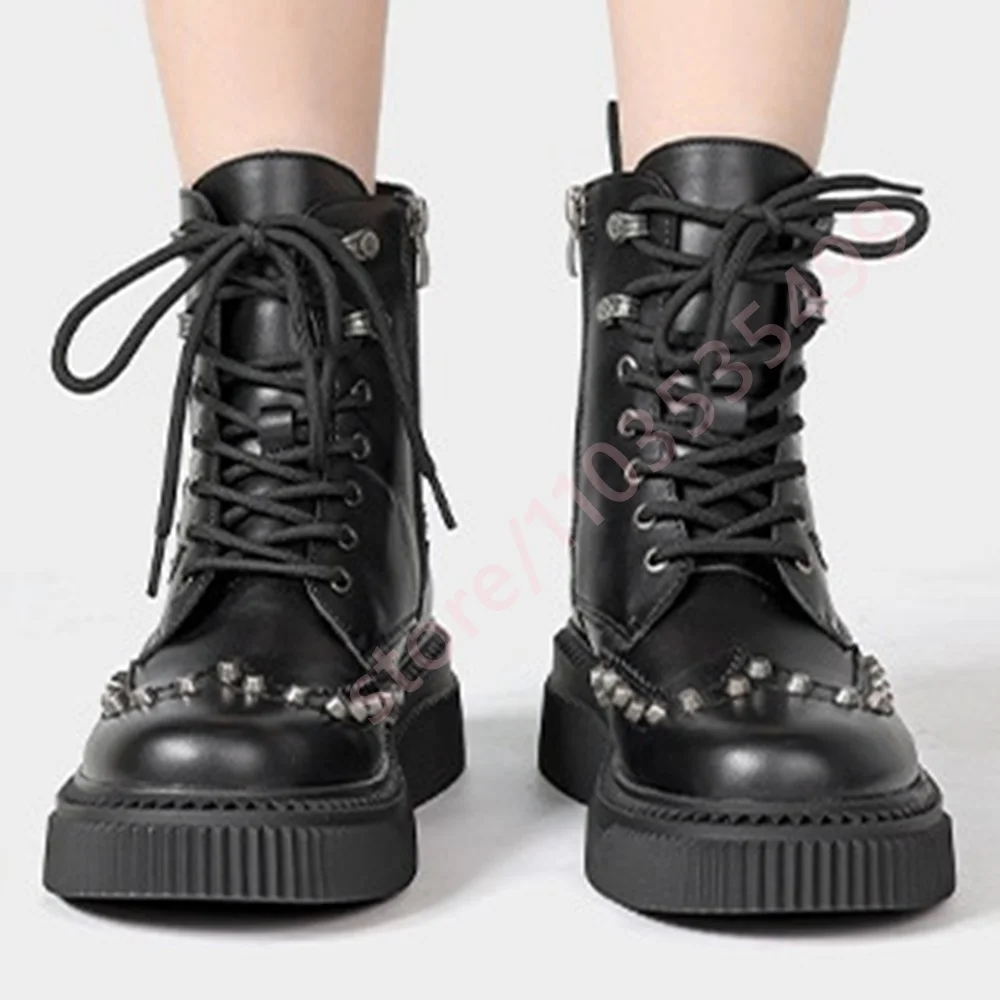 Black Punk Studded Motorcycle Boots Spring 2026 Round Toe Street Rock Y2K Short Fashion Flame Sporty Casual Boots