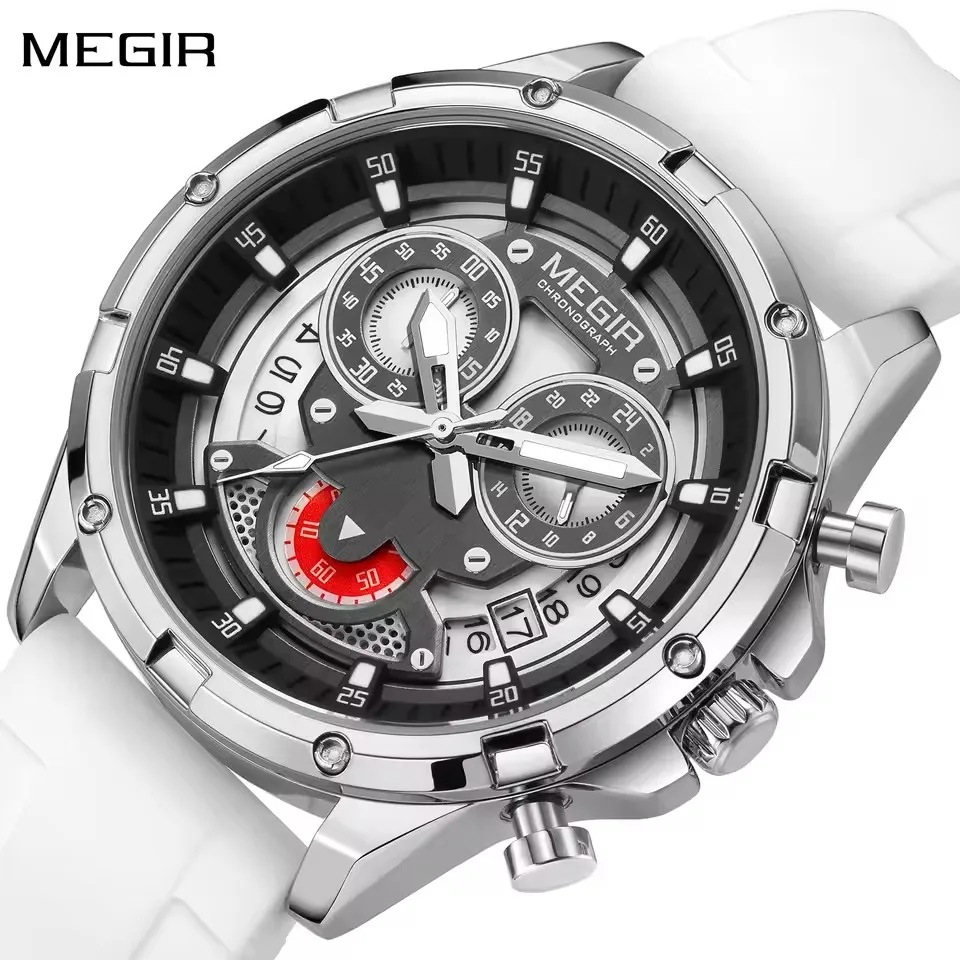 MEGIR 2248 Innovative Design Men's Quartz Watch Silicone Strap Waterproof Luminous Calendar Chronograph Daily Men's Clock Reloj