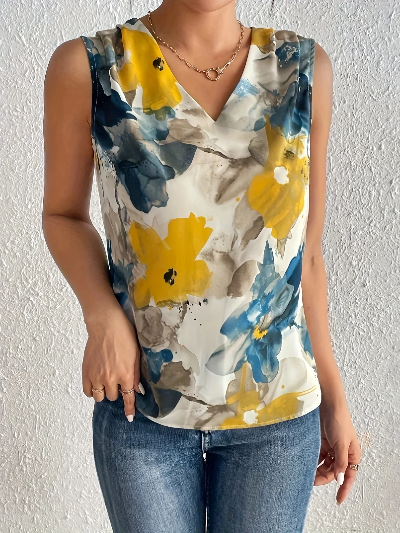 2024 Summer Floral Elegant Women V-Neck Tank Tops Blouse Sleeveless Shirt Women\'s Top Elegant Clothes Loose Women\'s Vest