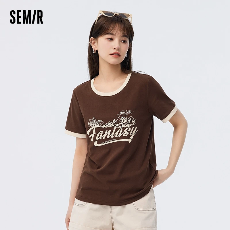 Semir Short-Sleeved T-Shirt Women Design Sense Do Old Printed Clothes 2023 Summer New Clash Of Colours Tops Retro Trend