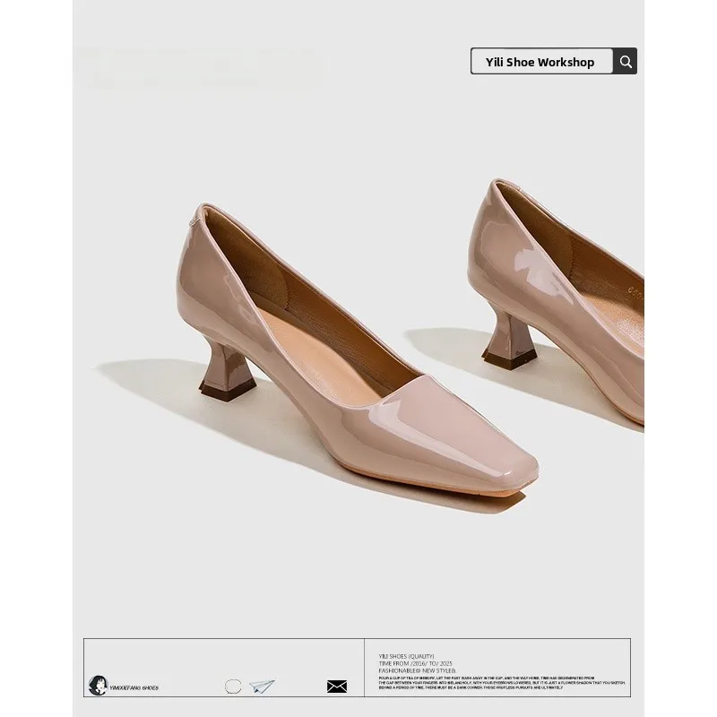 حذاء نسائي بكعب عالٍ رفيع من الجلد المطلي برأس مربع، بتصميم أنيق وعصري، مناسب للربيع والخريف، مثالي للعمل والمناسبات الرسمية #4