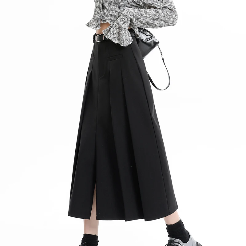 

Korean Fashion Irregular Pleated Skirts Mid-Length Suit Skirts Female Pocket Front Split A-Line Midi Skirts Office Ladies 2024