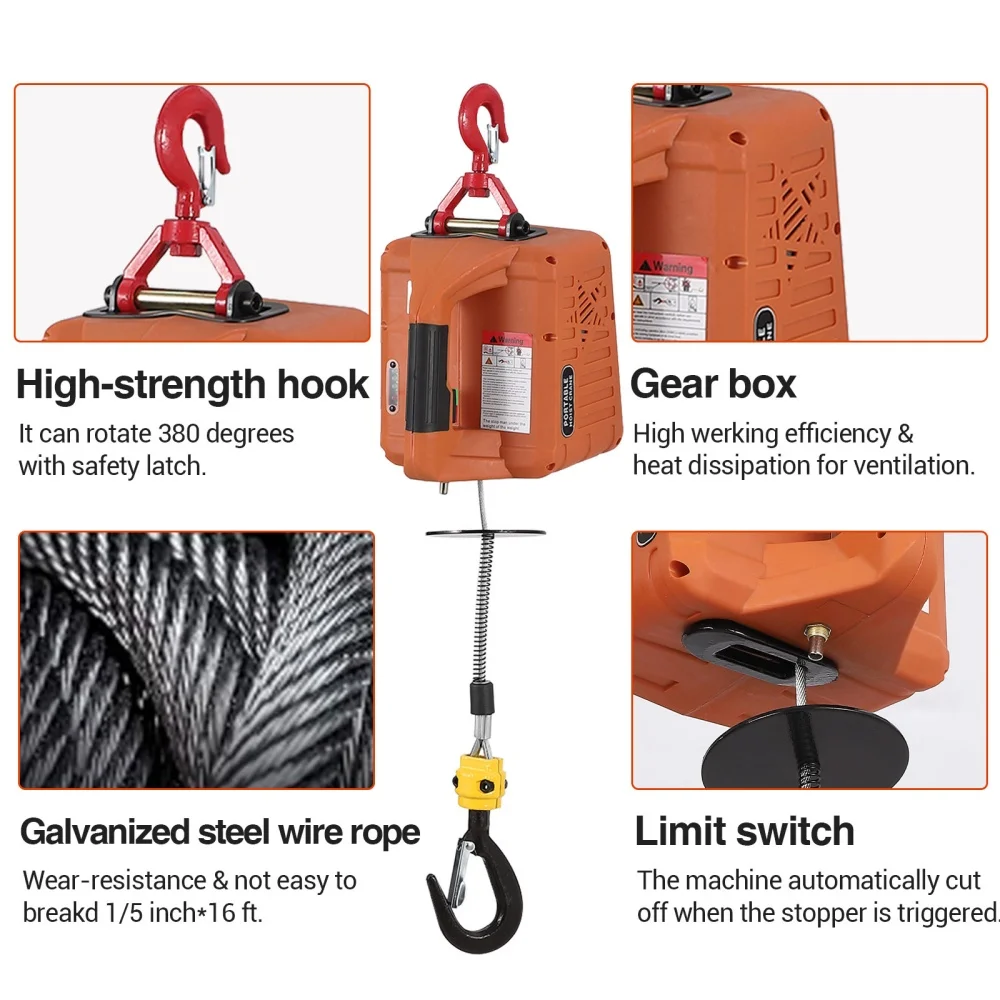 3 in 1 Electric Hoist Winch 1100Lbs 1500W 110V Electric Hoist Crane with Remote Control 25ft Lifting Height Overload Protection