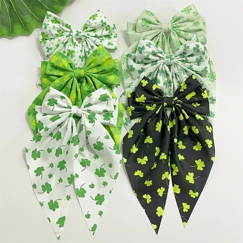 6-piece set new green four-leaf clover print bow streamer Spring Clip Elegant hair clip Spring hair accessories