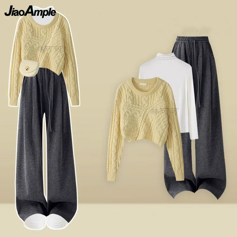 

2025 Women's Autumn/Winter New Short Knit Sweater+Bottom Shirt+Casual Pants 3-Piece Suit Korean Elegant Tracksuit Matching Set
