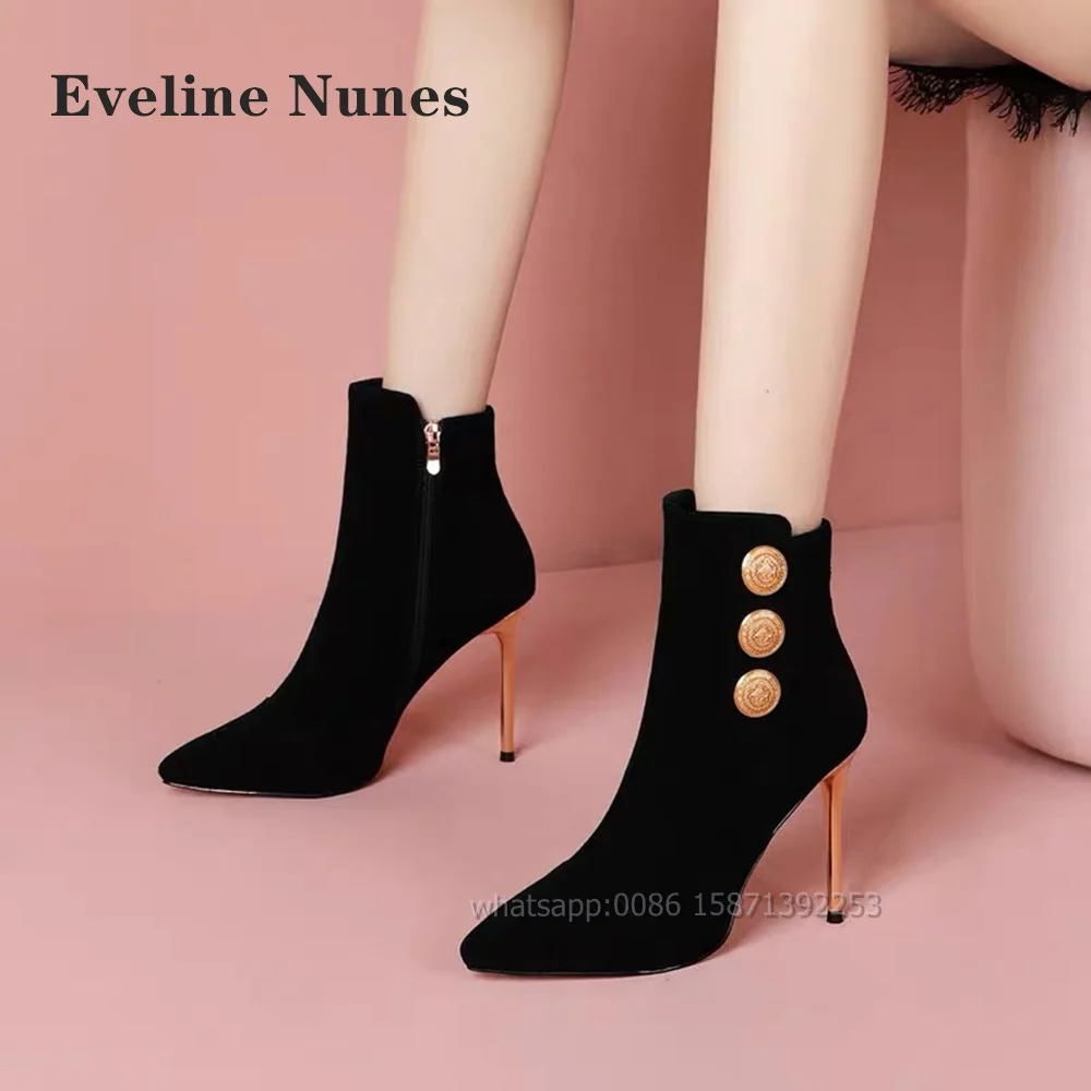 

Metal Decoration Kid Suede Booty Pointed Toe Thin Heels Patchwork Black Knee High Boots Solid Zip Elegant Shoes Autumn Office