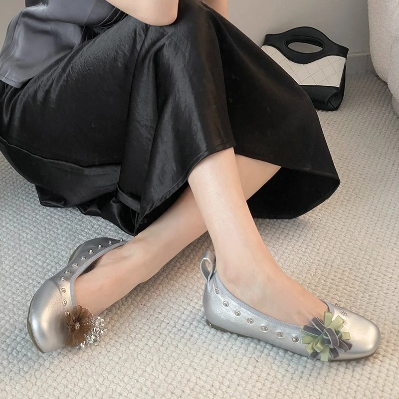 Square Toe Shallow Mouth Single Women's Rhinestone Flower Inside Heighten Mary Jane Ballet Flats
