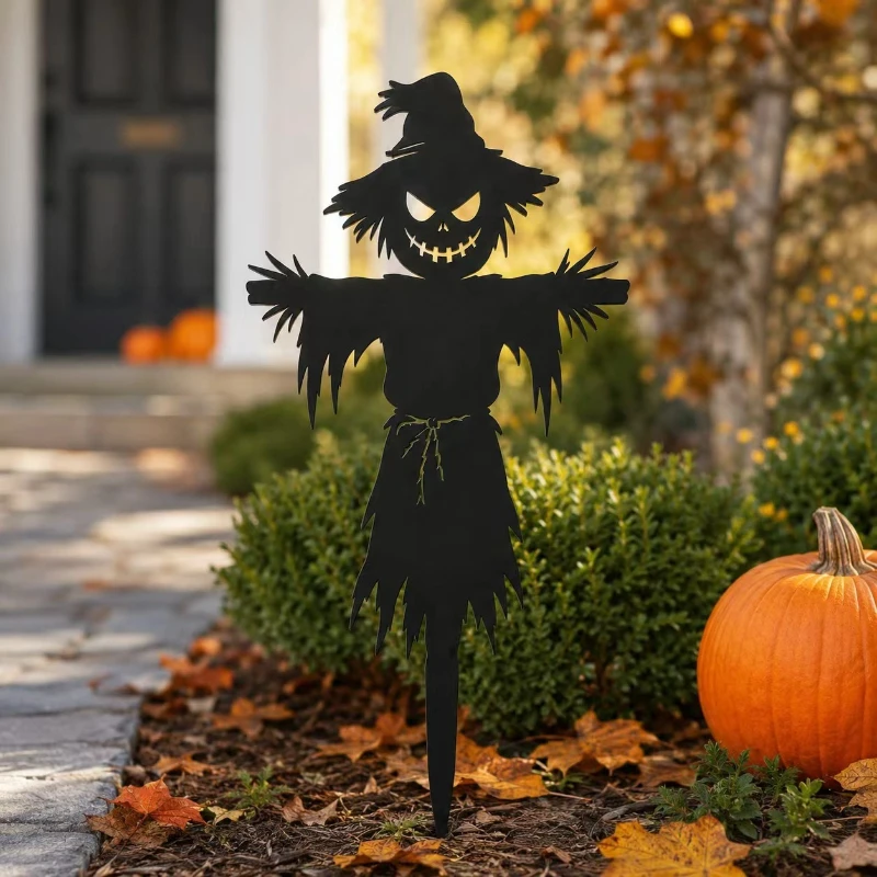 Halloween Scarecrow Ground Stake Black Metal, Scary Outdoor Yard Decor Garden Stake, Horror Creepy Decoration