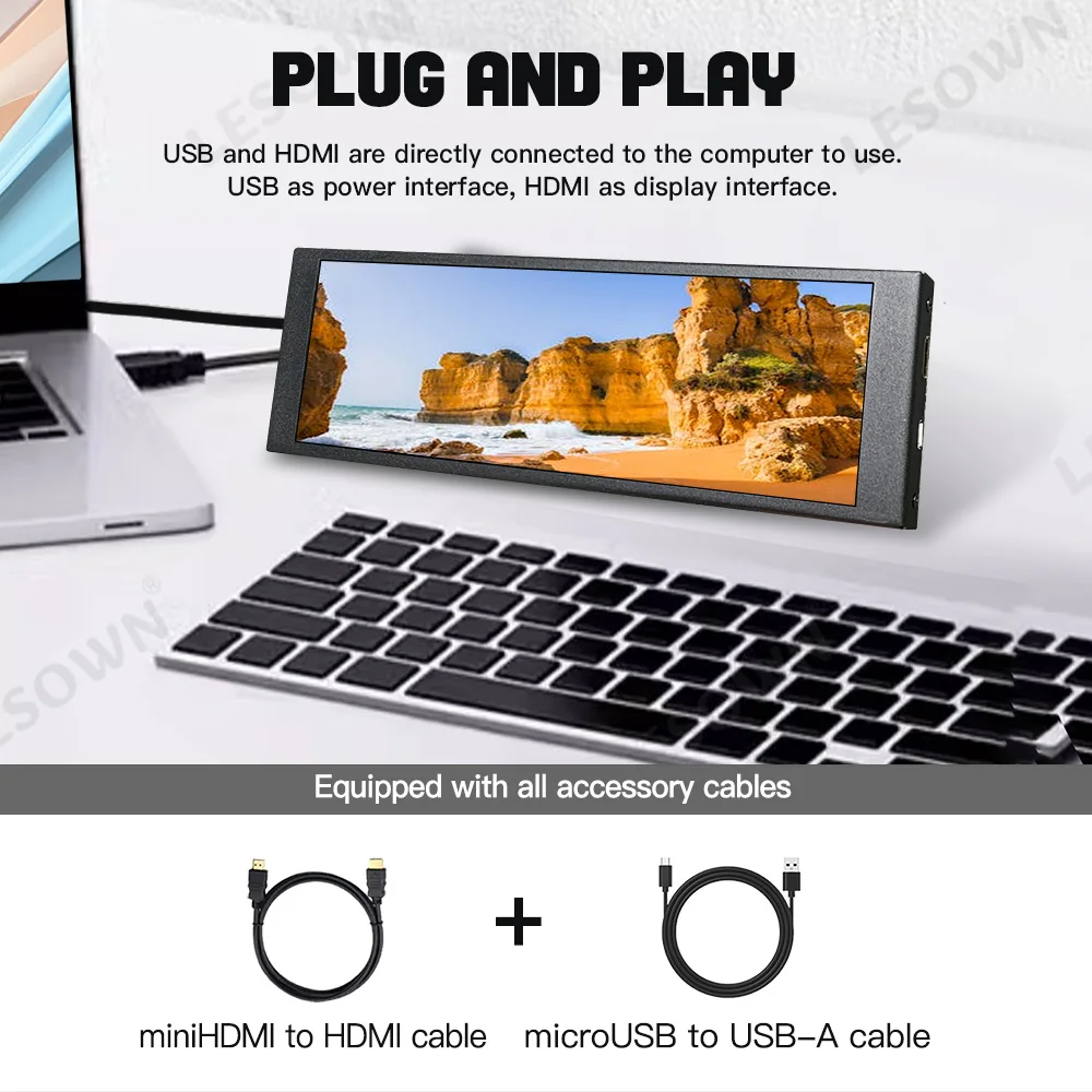 LESOWN Aluminum 6.9' 480x1280 Stretched Display Matte Black PC Hardware Monitor MiniHDMI Second Screen for AIDA64 Case Setup