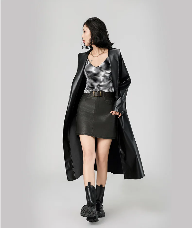 Manteaux en Faux cuir pour femmes, Trench-coat en Pu, ceinture d'extérieur, taille serrée, col rabattu, Punk, Streetwear, coupe-vent, automne