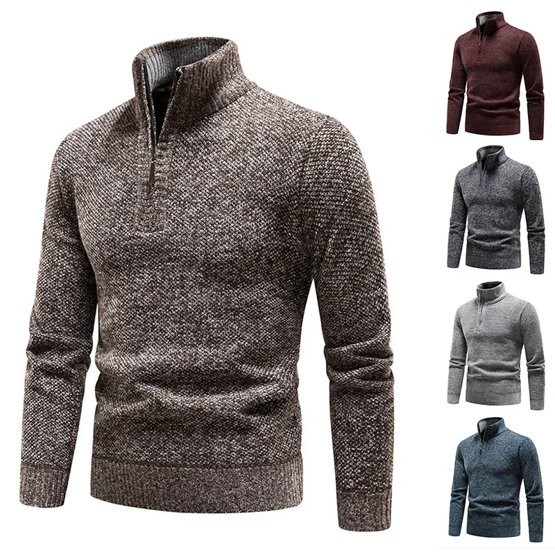 Autumn and Winter Warm Sweater Half Zipper Sweater Men's Plush Thick Coat Solid Color Knitted Sweater Large Size Sweater