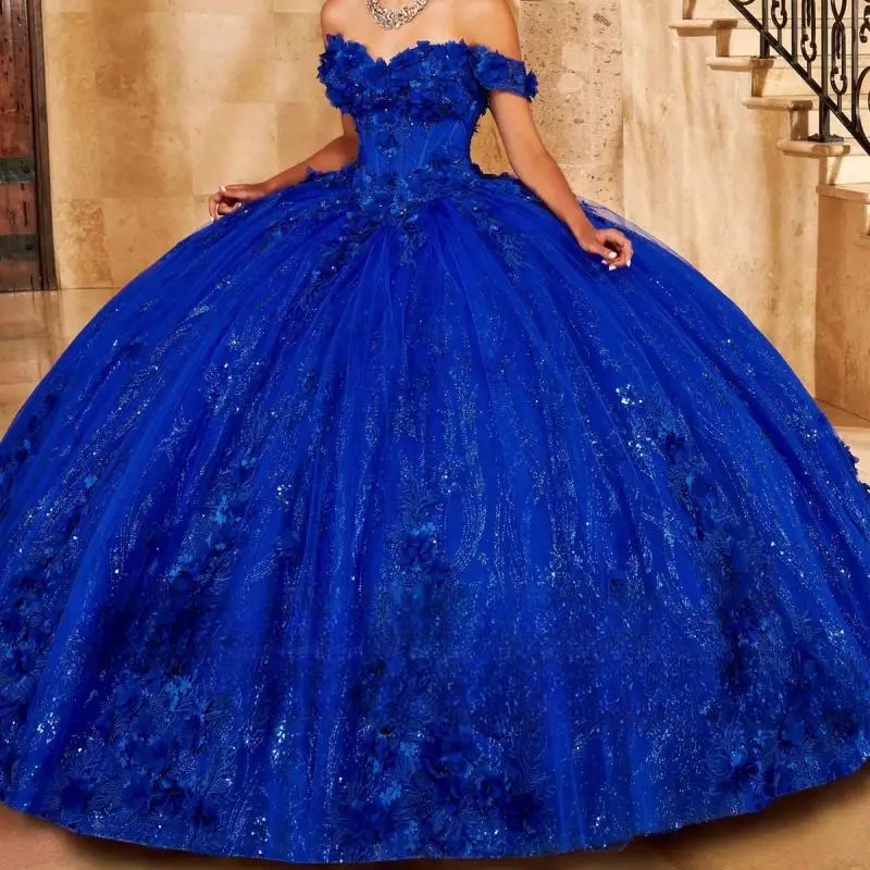 

Customized Royal Blue Quinceanera Dresses 3D Flowers Applique Beading Sparkling sweetheart neckline vestidos para niñas