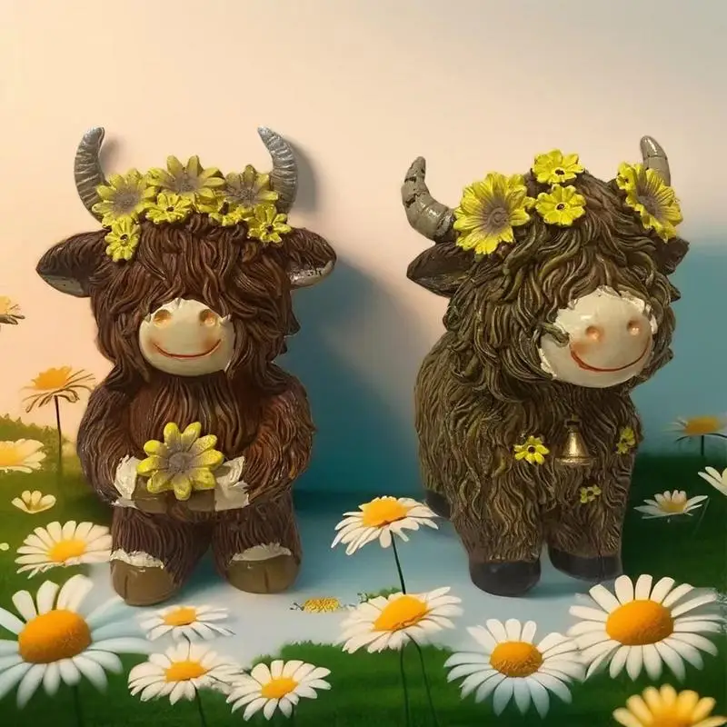 Highland Cow Garden Statue Resin Figurine Calf Gnome Herd Gnome Sunflowers Calf Gnome Herd Decorations For Home Farmhouse Tiered