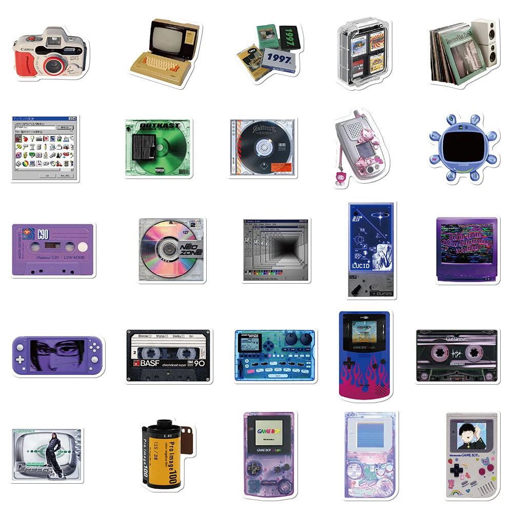 10/30/50pcs Retro CD Camera Equipment Cartoon Stickers Aesthetic DIY Graffiti Phone Skateboard Laptop Waterproof Vintage Sticker