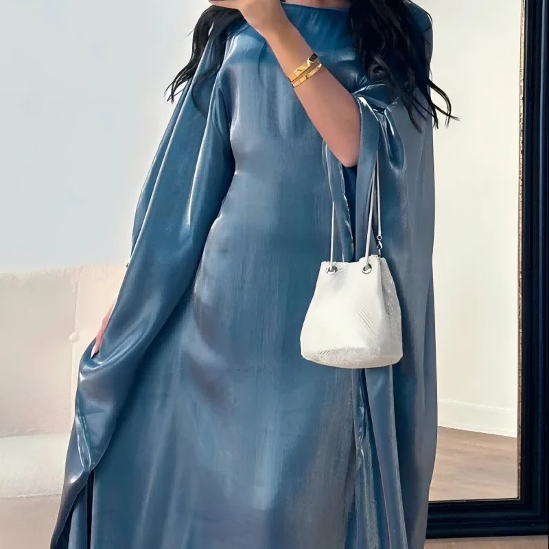 

High-end Solid Color Shiny Satin Batwing Sleeve Dress RobeabayaMiddle East Women's Clothing